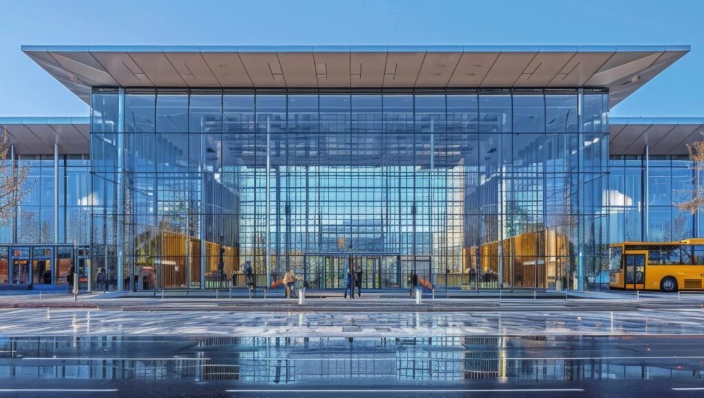 school bus is parked front modern educational building clear blue sky scaled e1762894034162